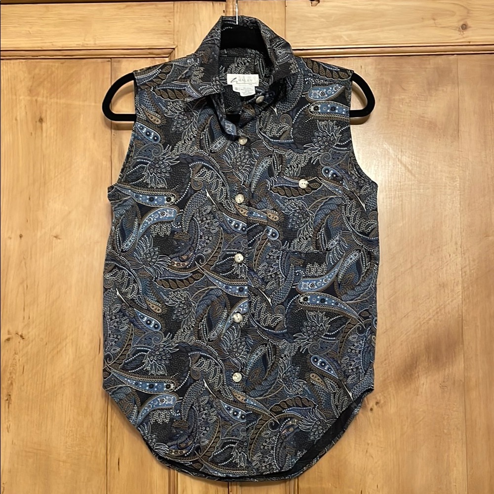 Haley Ladies Blue and Black Paisley patterned sleeveless Shirt